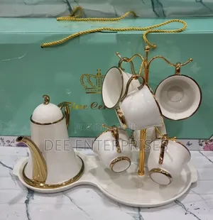 Fine Ceramic 9pc Tea Set With Cup Stand 6 Cups Kettle and 8shaped Tray