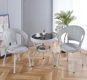 Outdoor Dining Set; 2-Seater Rattan Chairs With Glass Top Round Table