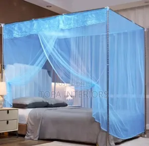 Blue Mosquito Nets With Four Metallic Tube Stands