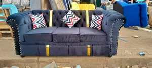 3-Seater Grey Chesterfield Sofa With Gold Trim