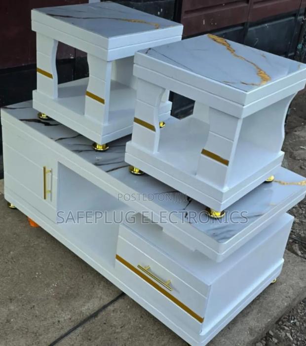 Coffee Table With Glass/Marble Topping With 2 Side Stools - main view