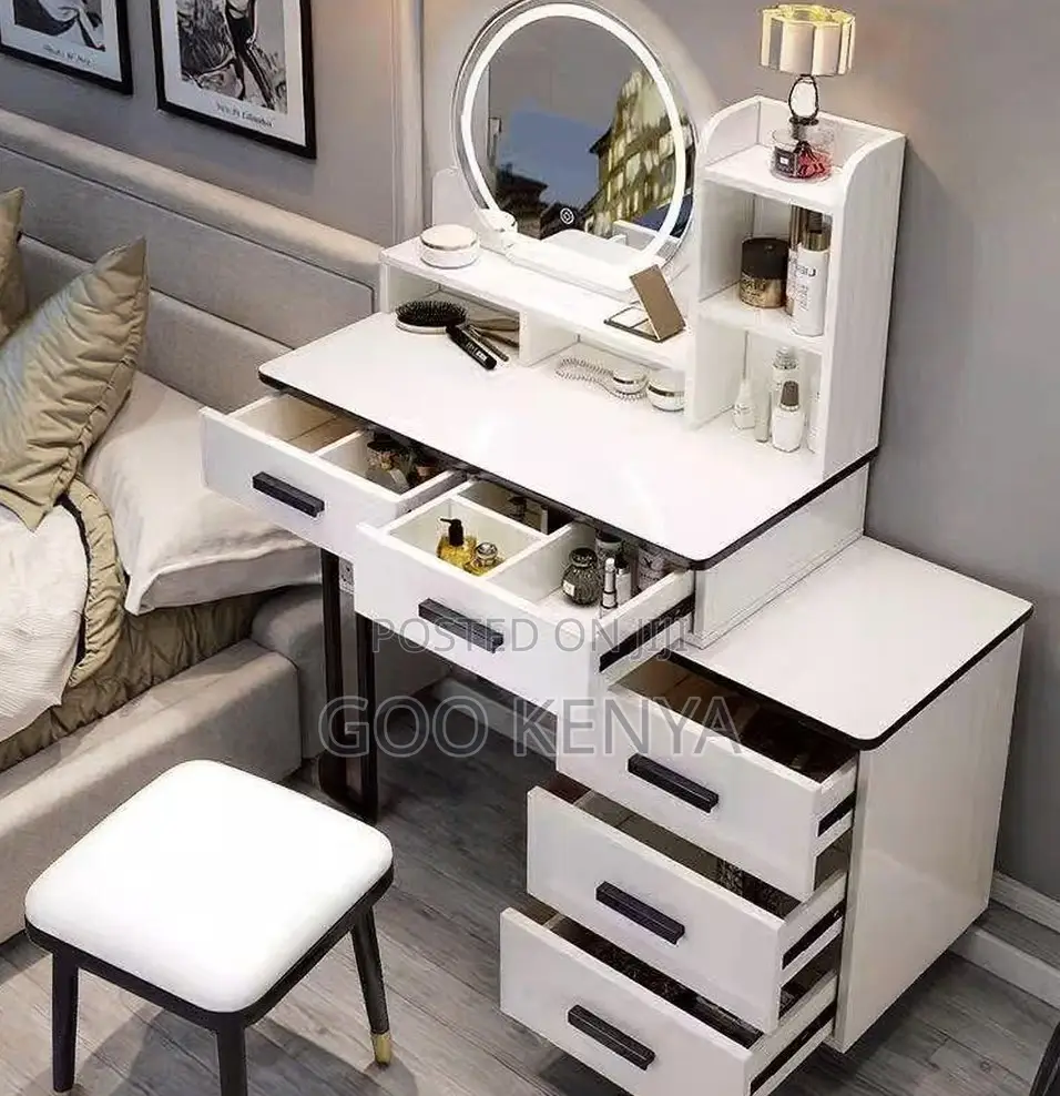 Home Dressing Table Set; MDF White Led Mirror Vanity Table Set