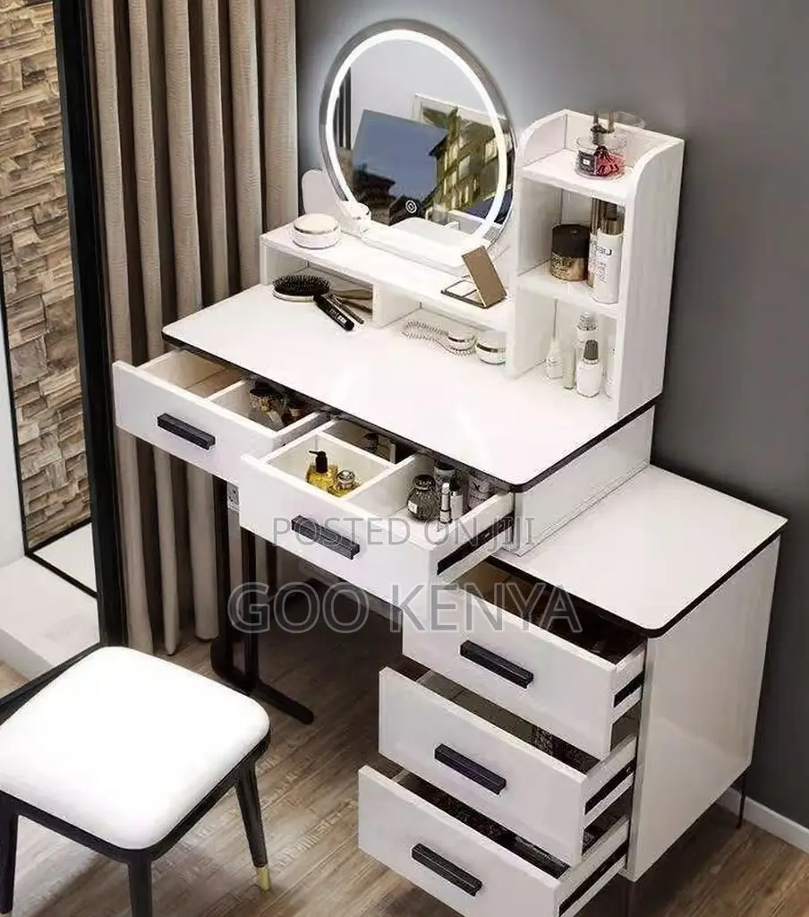 Home Dressing Table Set; MDF White Led Mirror Vanity Table Set