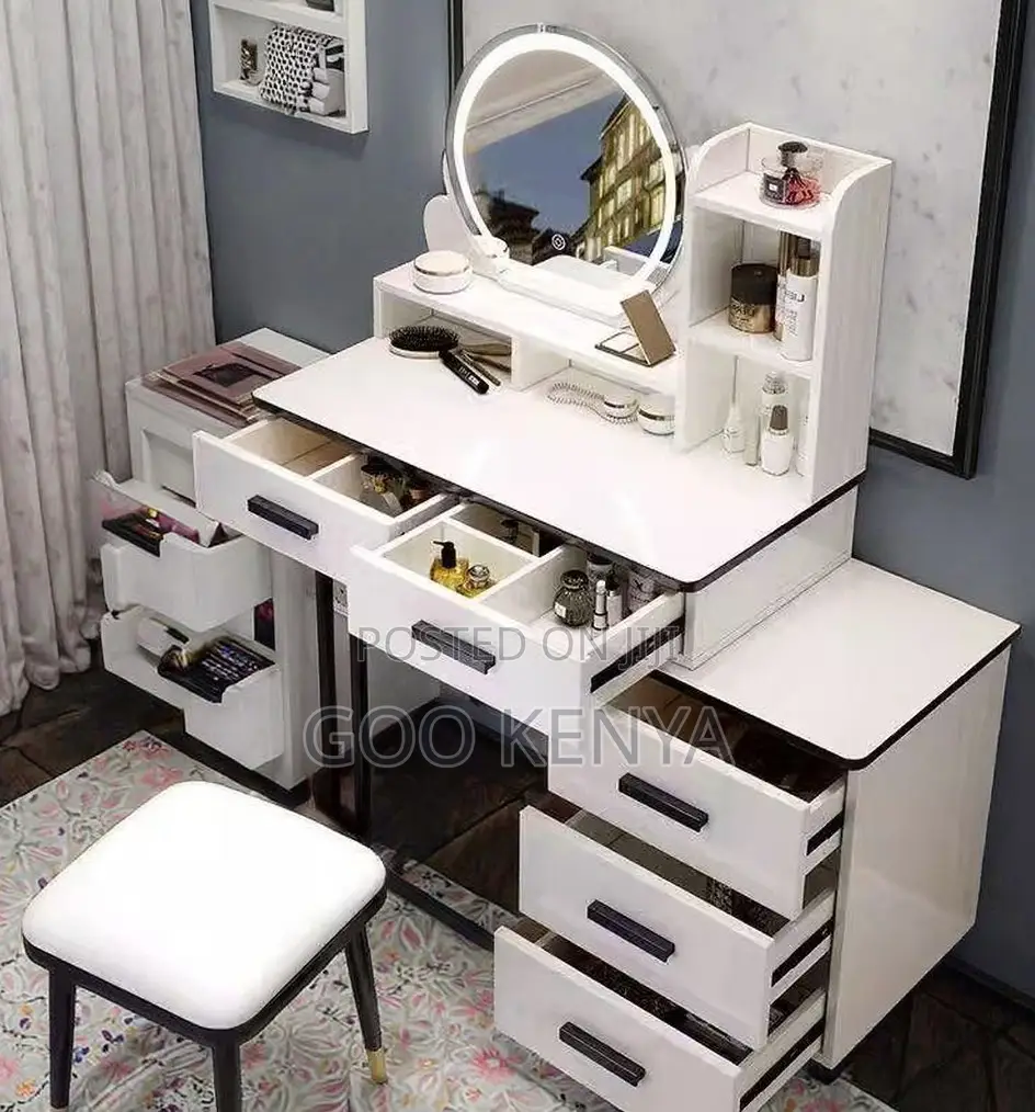 Home Dressing Table Set; MDF White Led Mirror Vanity Table Set