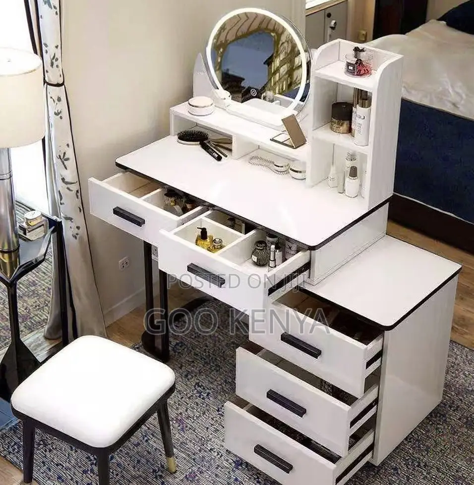 Home Dressing Table Set; MDF White Led Mirror Vanity Table Set