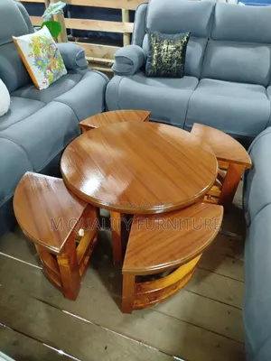 Brown Round Coffee Table With Stools