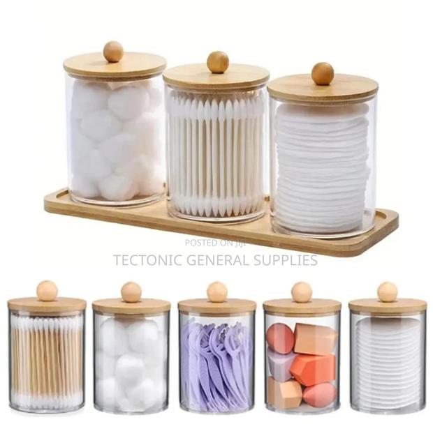 3pcs Set Acrylic Swab Storage Organizer With Bamboo Holder - main view