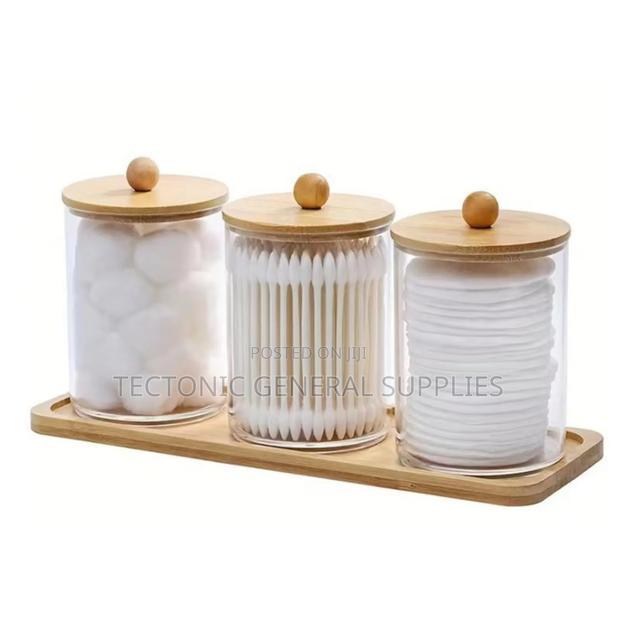 3pcs Set Acrylic Swab Storage Organizer With Bamboo Holder - thumbnail 2