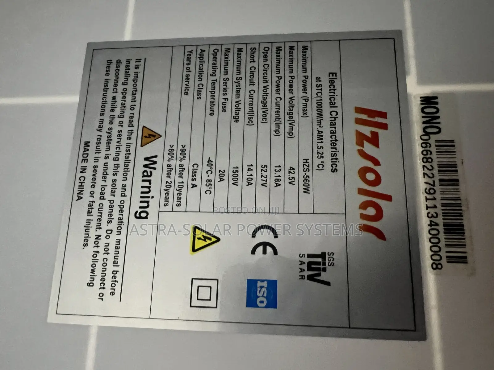 Hzsolar 560w Mono Crystalline Solar Panel