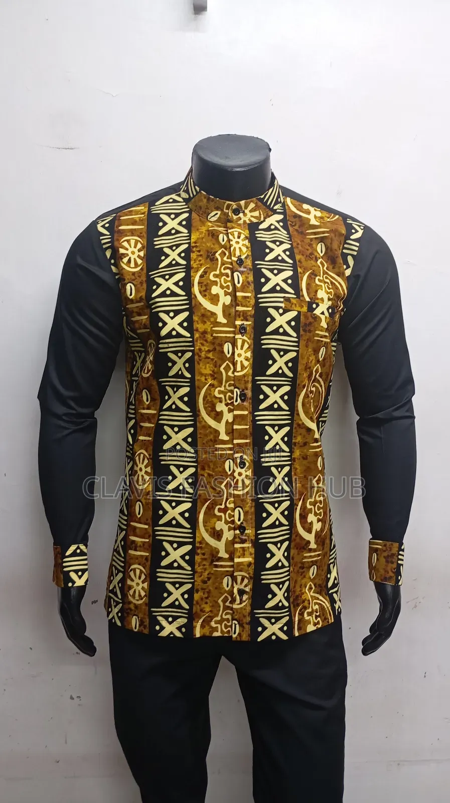 Men Black Ankara Shirt With Kitenge
