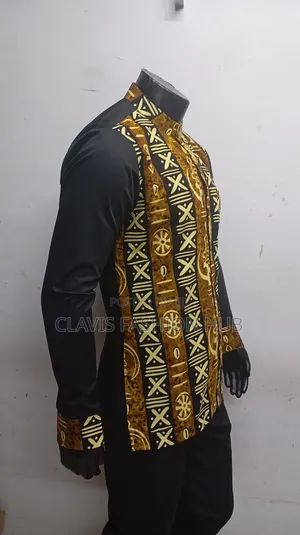 Men Black Ankara Shirt With Kitenge
