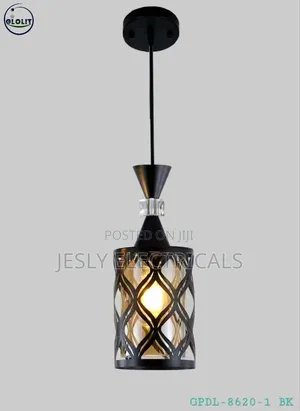 Black Metal Pendant Light With a Diamond-Pattern Cage Shade.