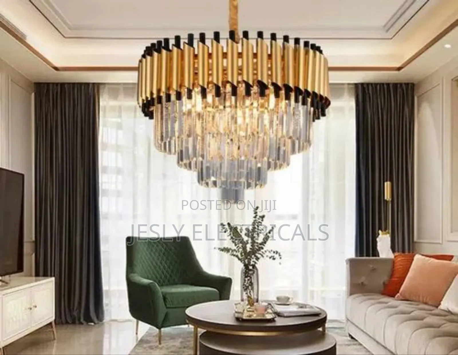 Modern Gold and Black Crystal Chandelier.