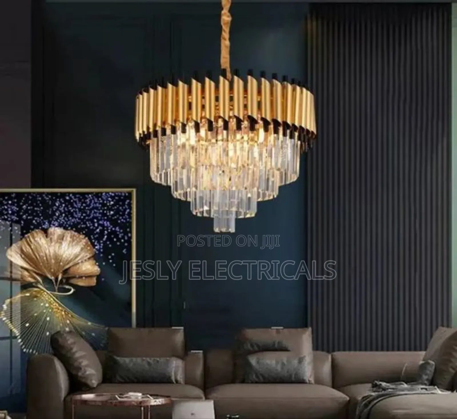 Modern Gold and Black Crystal Chandelier.