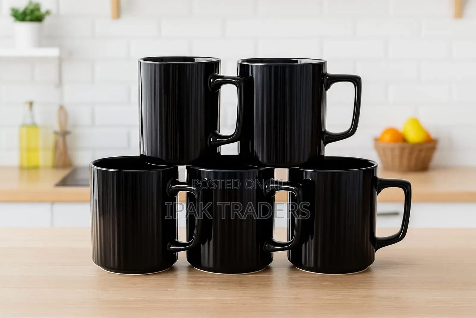 *Black Ribbed Ceramic Mugs *Capacity:* 350ml 6pc Set