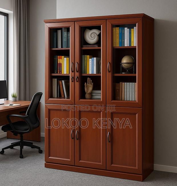 Office Cabinet; Brown Mahogany Finish 3-Door Glass Display Cabinet
