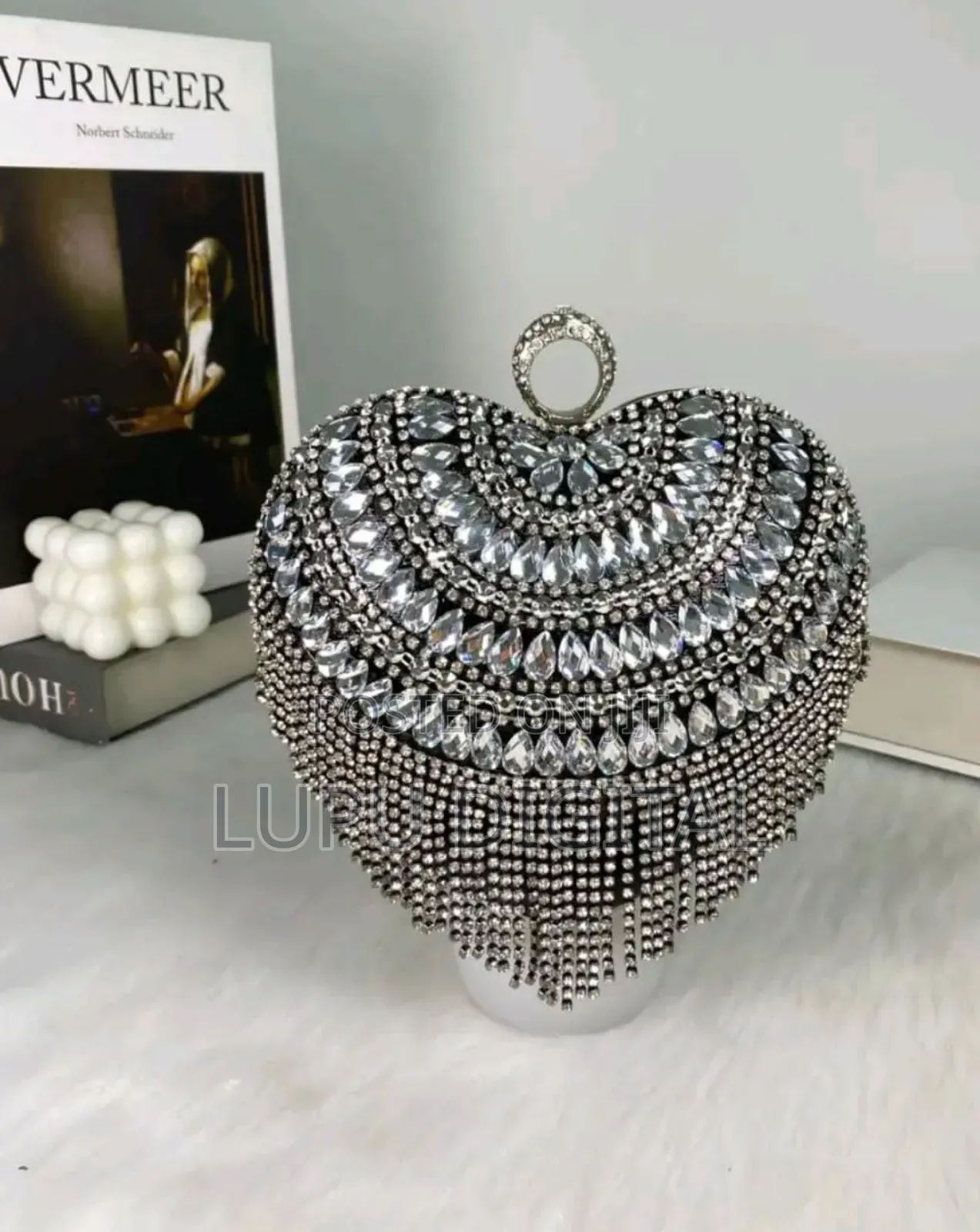 Heart-Shaped Evening Clutch Bag With Rhinestones and Tassel Details*