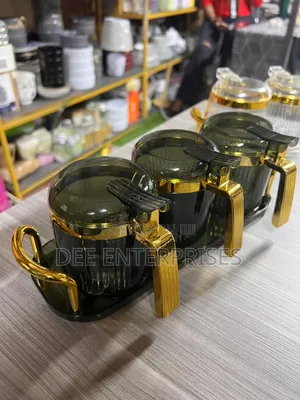 3 in 1 Elegant Sugar Dish With Golden Accents Plus Spoons and Stand