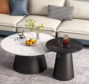 Home Table; Round Twin Marble Table Set With Metal Base