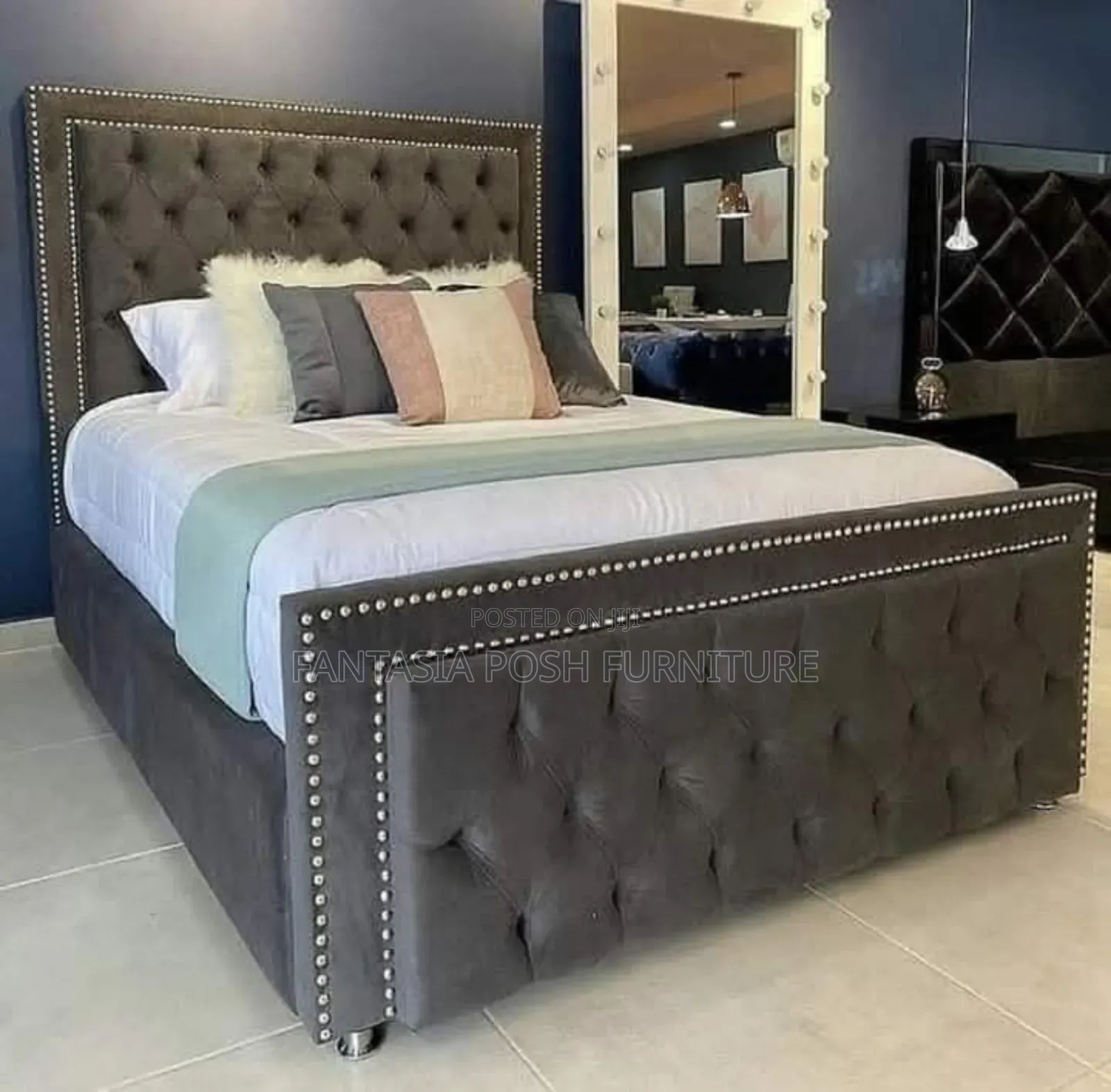 5x6 Grey Button-Tufted Bed With Studded Trim