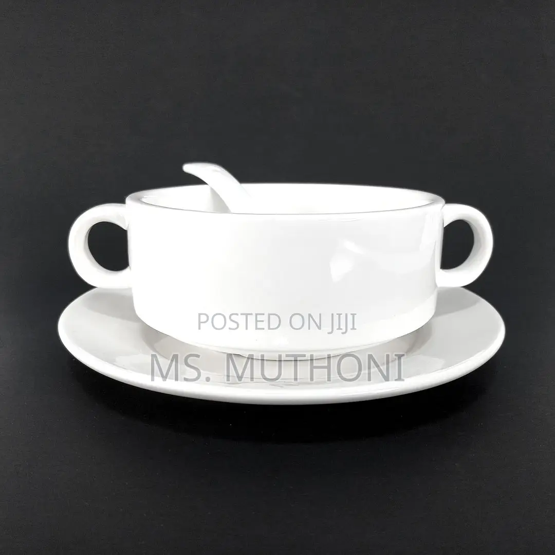 Set of 6pcs Ceramic Soup Bowl With 2 Handles and Saucer*