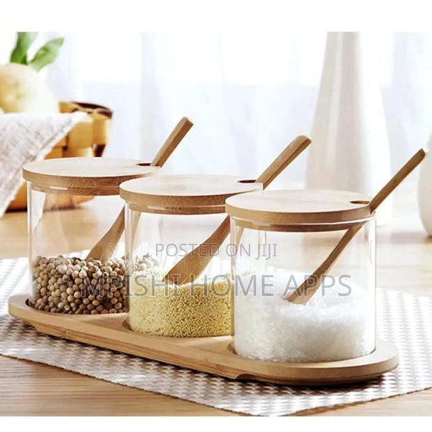 3 in 1 Glass Sugar Set With Bamboo Stand - main view