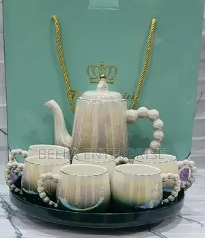 Fine Ceramic 8pc Rotating Tray Tea Set With 6 Cups and Kettle