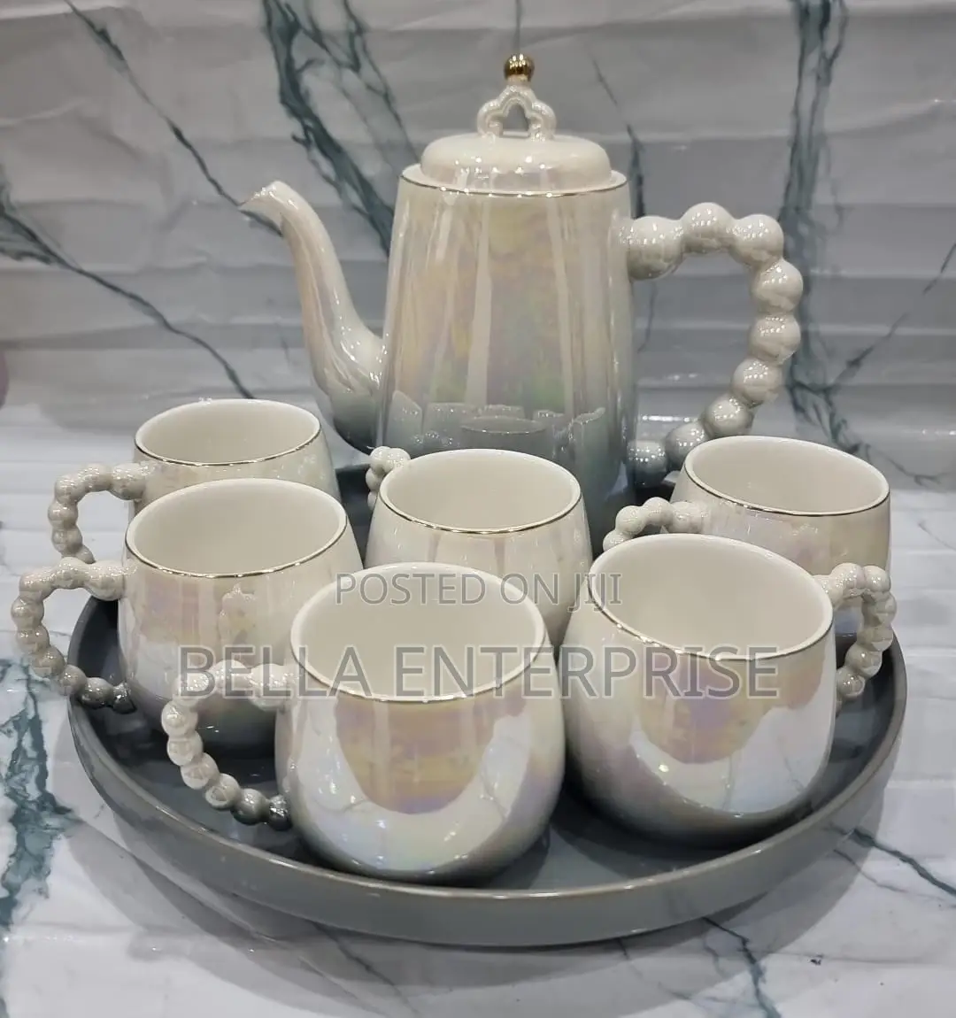 Fine Ceramic 8pc Rotating Tray Tea Set With 6 Cups and Kettle