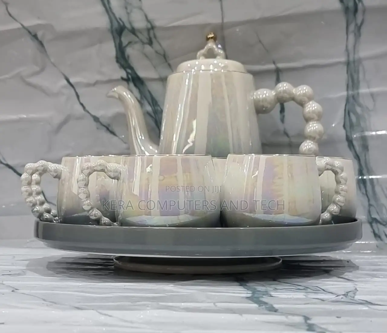 Fine Ceramic 8pc Rotating Tray Tea Set With 6 Cups and Kettle