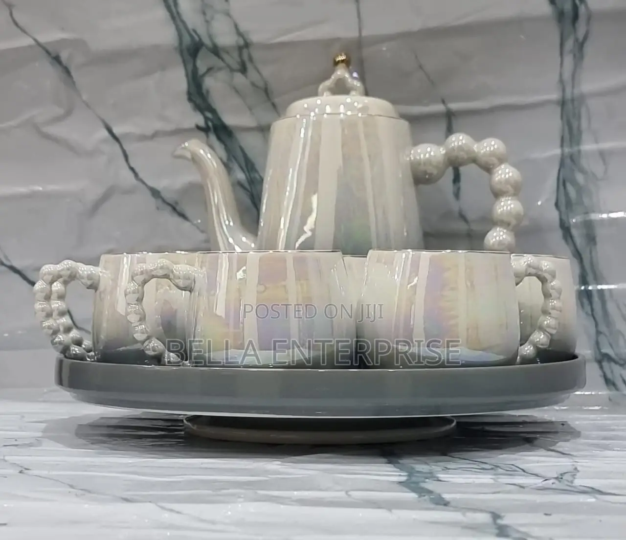 Fine Ceramic 8pc Rotating Tray Tea Set With 6 Cups and Kettle