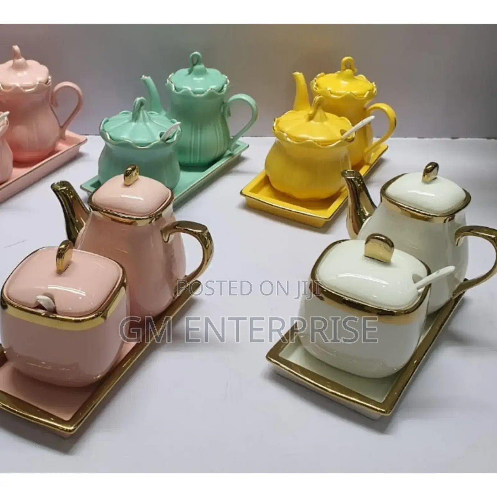 3in1 Ceramic Set - Sugar Dish, Kettle, + Matching Tray