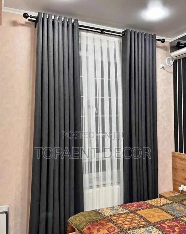 Grey Master Bedroom Window Curtains And Plain Sheer - main view