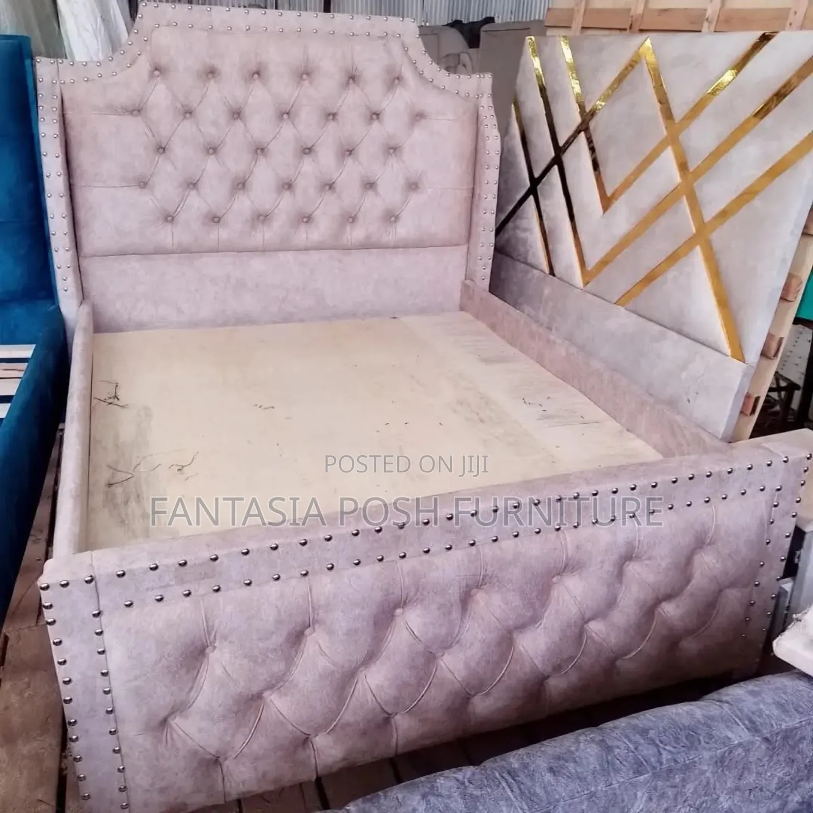 5x6 Beige Button Tufted Bed Frame With Nailhead Trim
