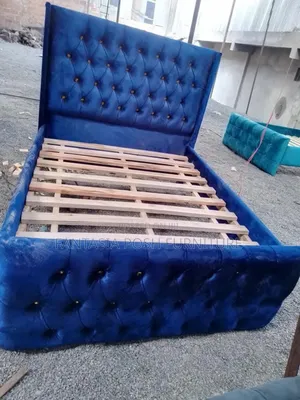 5x6 Royal Blue Button-Tufted Sleigh Bed