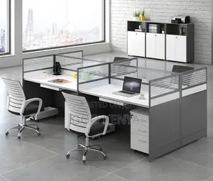 Office Work Station; 4-Person Modern Office Workstation With Storage