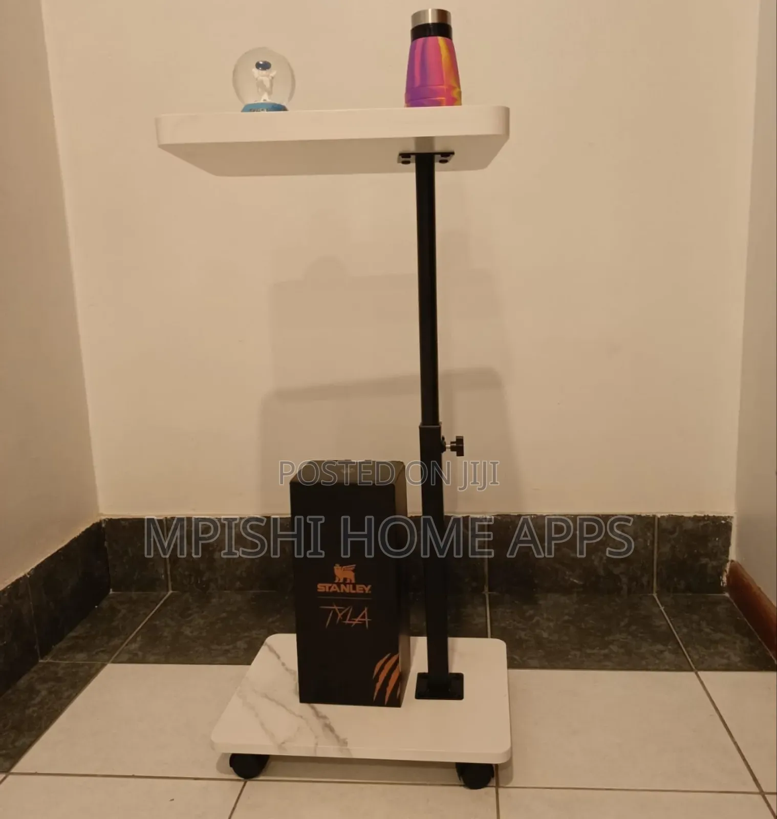 Adjustable Height Coach Side Table With Wheels - White