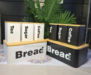 New Design Bread Bin With Three Canister Set With Bamboo Lid
