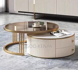 Home Table Set; Premium Gold Frame Marble Coffee Table With Metal Base