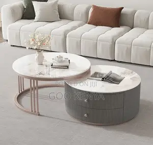 Home Table; Gold Frame Tempered Glass and Marble Nesting Table Set