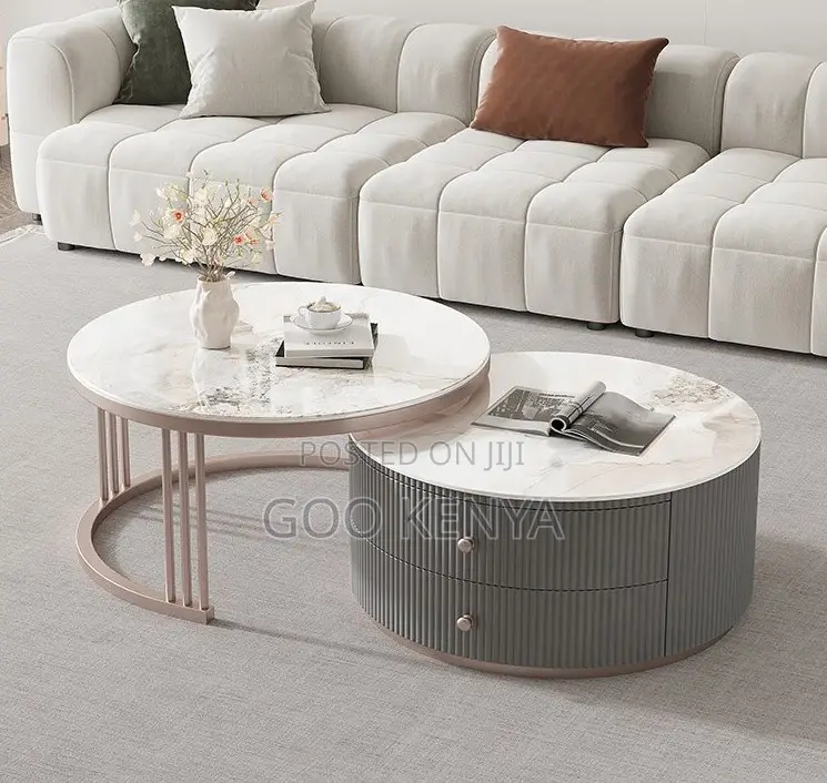 Home Table; Gold Frame Tempered Glass and Marble Nesting Table Set