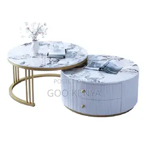 Home Table; Gold Frame Tempered Glass and Marble Nesting Table Set