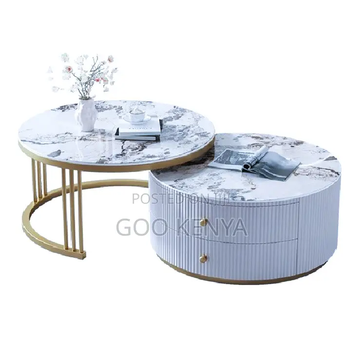 Home Table; Gold Frame Tempered Glass and Marble Nesting Table Set