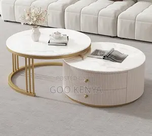 Home Table; Gold Frame Tempered Glass and Marble Nesting Table Set
