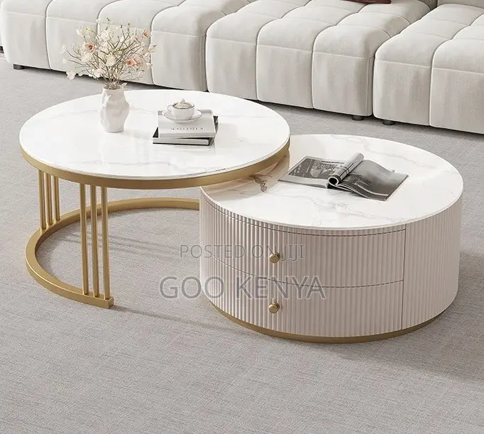 Home Table; Gold Frame Tempered Glass and Marble Nesting Table Set