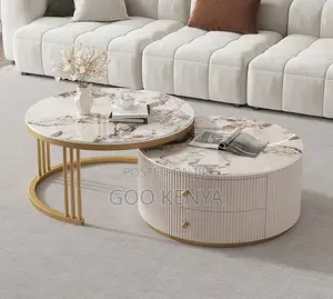 Home Table; Gold Frame Tempered Glass and Marble Nesting Table Set