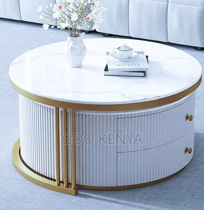 Home Table; Gold Frame Tempered Glass and Marble Nesting Table Set