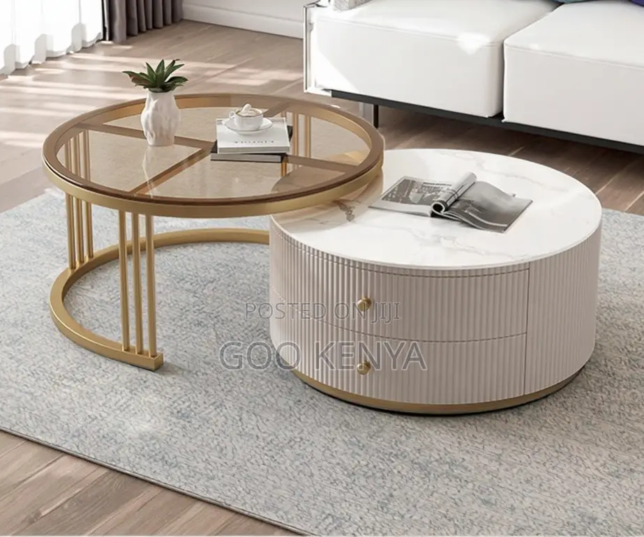 Home Table; Gold Frame Tempered Glass and Marble Nesting Table Set