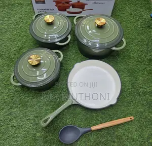 Green 7pcs Enamel Cast Iron Cooking Pots + Silicone Spoon