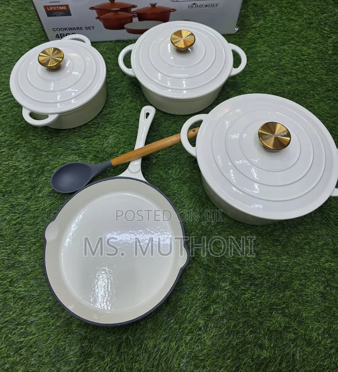 White / Gold Knobs 7pcs Enamel Cast Iron Cooking Pots*
