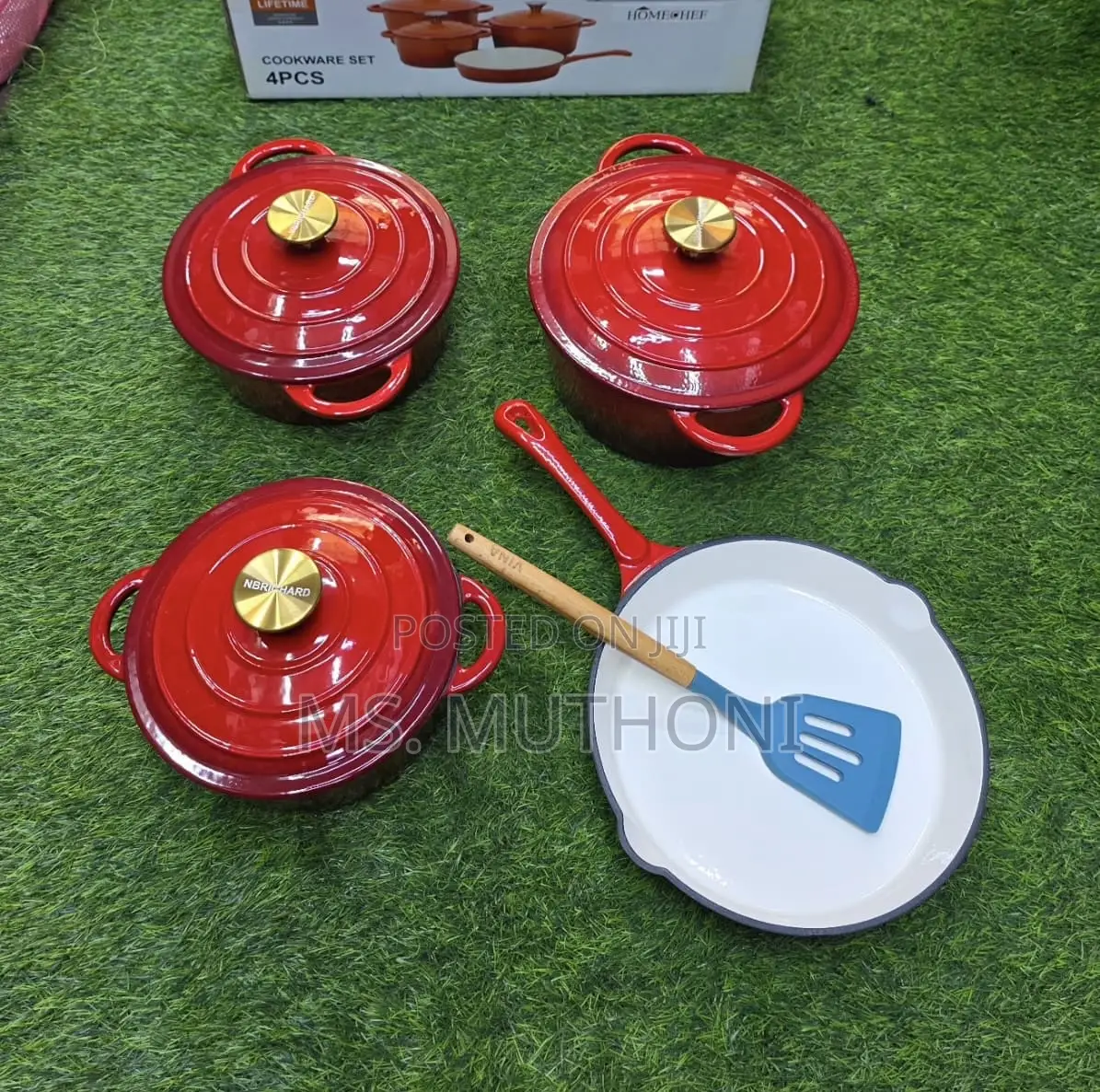 Red / Gold Knobs 7pcs Enamel Cast Iron + Silicone Spoon